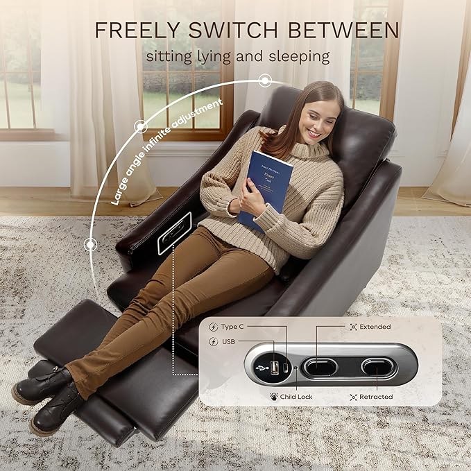 COLAMY Pushback Electric Recliner Chair Set of 2, Premium Leather Upholstery with Adjustable Angles, Extra Lumbar Pillow, Built-in Charging Port, Business-Casual Style for Living Room,Brown