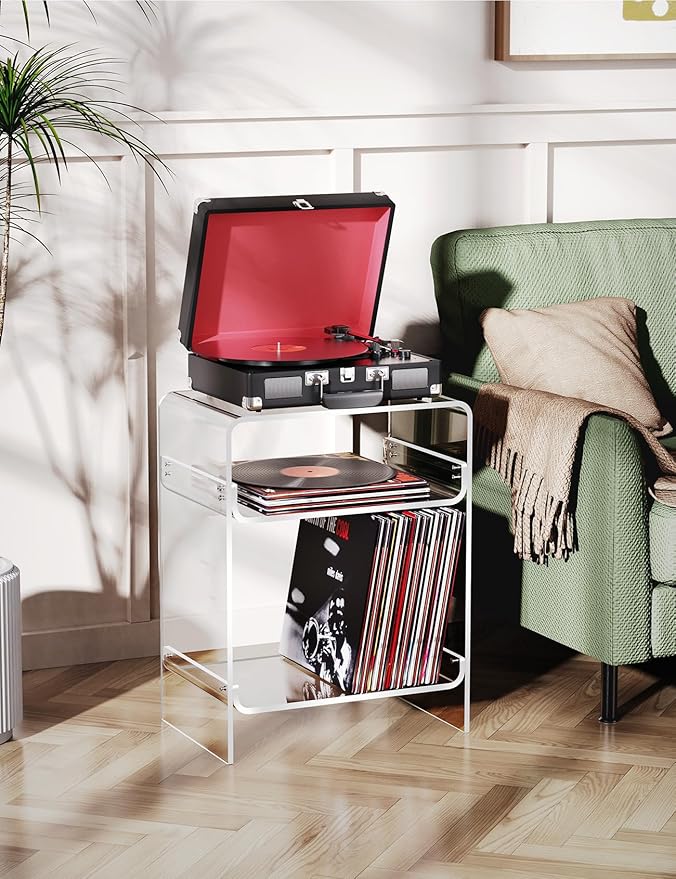 Acrylic Record Player Table with Storage Shelf, Clear Side Table Nightstand (Clear)
