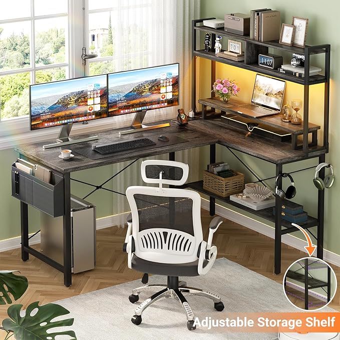 Aheaplus L Shaped Gaming Desk with Power Outlets & LED Lights, Small L- Shaped Desk Computer Corner Desk with Monitor Stand & Storage Shelf, Home Office Desk Writing Desk with Storage Bag, Grey Oak