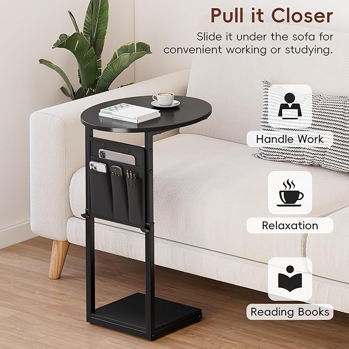 Vagusicc C Shaped End Table, Adjustable Height Small Side Table for Couch and Recliner, 32" Tall Couch Side Table Slide Under Sofa Tray Desk with Storage Bag for Living Room and Bedroom, Black