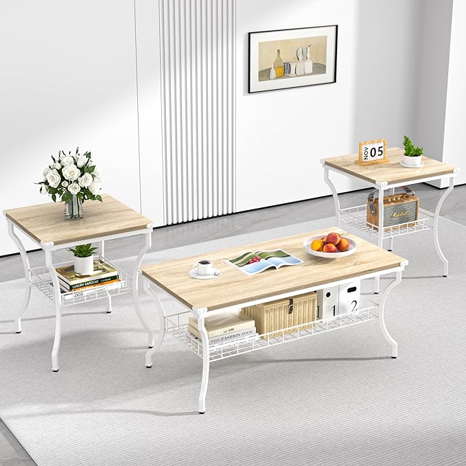 VECELO 3 Pieces Living Room Table Sets, Coffee and End Tables with Open Storage Shelves for Apartment, Home Office, Small Space, Easy Assembly, White Oak