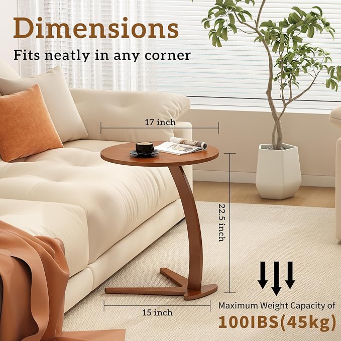 Wood Round Side Table: 17 '' Modern C Shaped End Table Nightstand with Natural Solid Wood, Small Bedside Table for Living Room, Bedroom, Farmhouse, Small Spaces (Large)