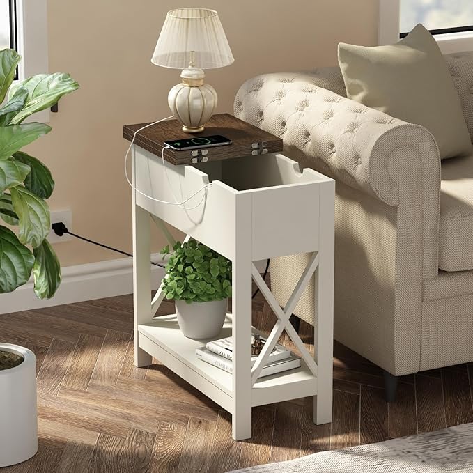 ChooChoo End Table with Charging Station, Narrow Flip Top Side Table with USB Ports & Power Outlets for Small Spaces, Nightstand Sofa Table for Living Room, Bedroom, White and Brown, 2 Pack