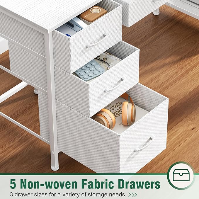 Computer Gaming Desk with Hutch, Home Office Desk with Power Outlets, LED Light, 5 Storage Drawers, 2 Tiers Shelves for Display, 47 Inch Modern Study Writing Table for Bedroom, White