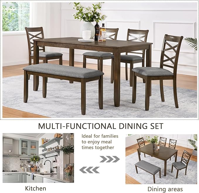 soges 6 Piece Kitchen Dining Set, Rectangular Wooden Dining Table with 4 Upholstered Chairs and a Bench, Morden Dining Table Set for 6 People, Living Room, Home Bar and Kitchen, Walnut