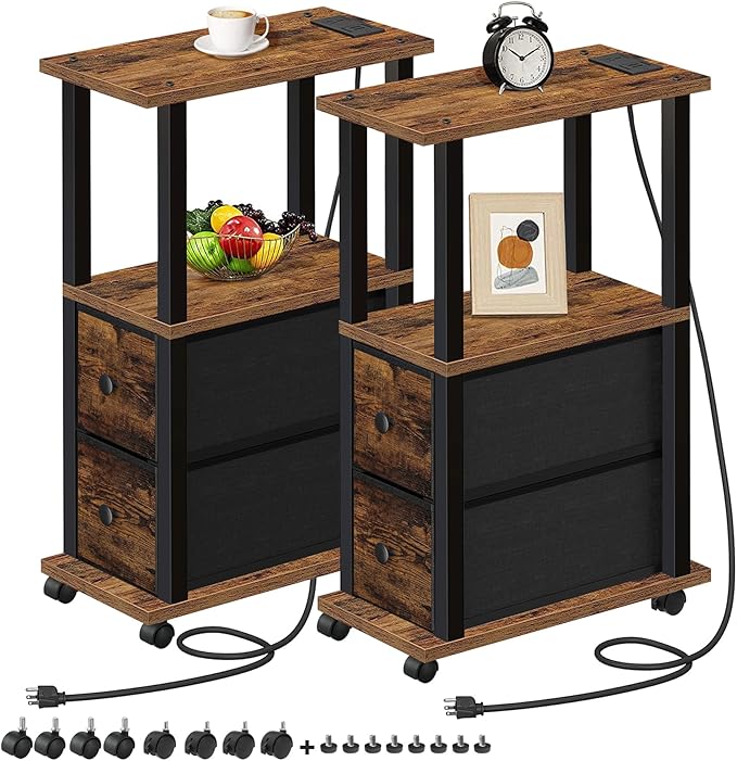 TUTOTAK Small Narrow End Tables, Side Tables with 2 Fabric Drawers, Set of 2, Bedside Tables with Charging Station for Small Spaces, Slim Nightstands with USB Ports and Wheels, TB01BB053C