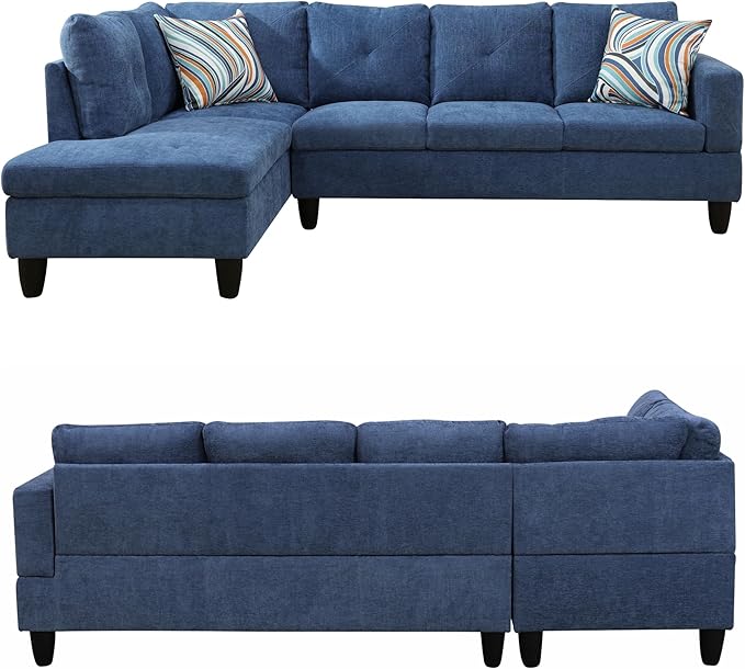 Modern Living Room Furniture Sets with Pillows, Modular Sectional Couches with Chaise Lounge, 4-Seaters L Shape Sofa with Storage Ottoman, for Living Room, Blue