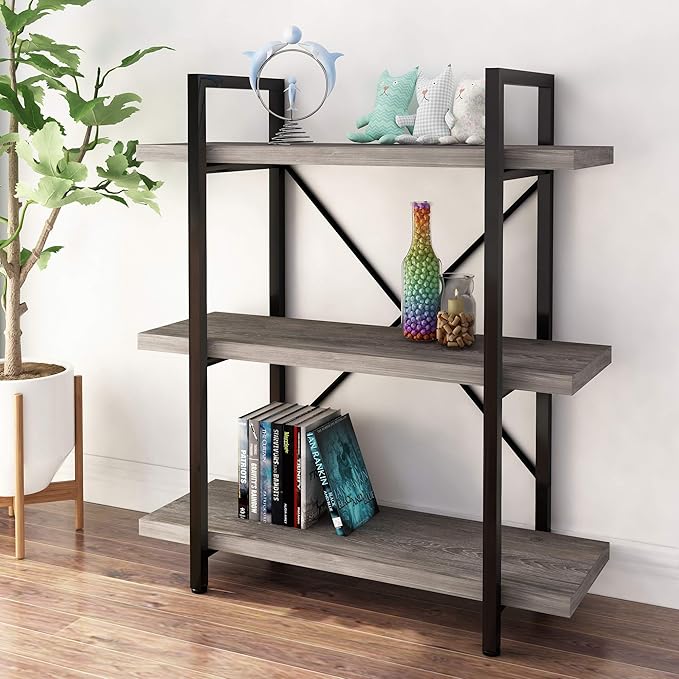 45MinST 3-Tier Vintage Industrial Style Bookcase/Metal and Wood Bookshelf Furniture for Collection，Gray Oak, 3/4/5 Tier (3-Tier)