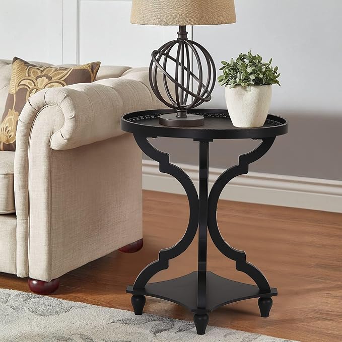 Wnutrees Farmhouse Round Accent End Table, Rustic Side Table Nightstands for Living Room, Wood Tray Top, Handcrafted Finish, Set of 2, Black