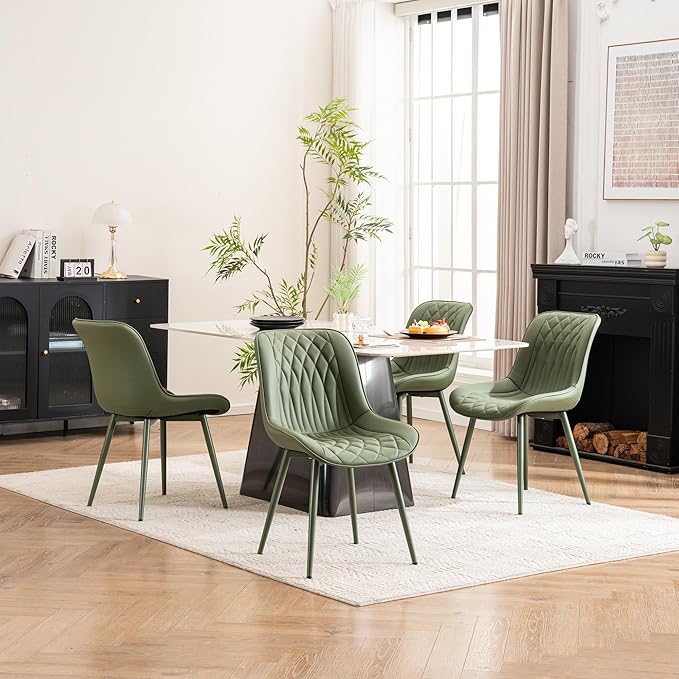YOUNIKE Dining Chairs Set of 2 with High Backs Mid Century Modern Kitchen & Dining Room Chairs Faux Leather Upholstered Wide Accent Chair Comfortable Padded Living Wating Room Chair Olive Green