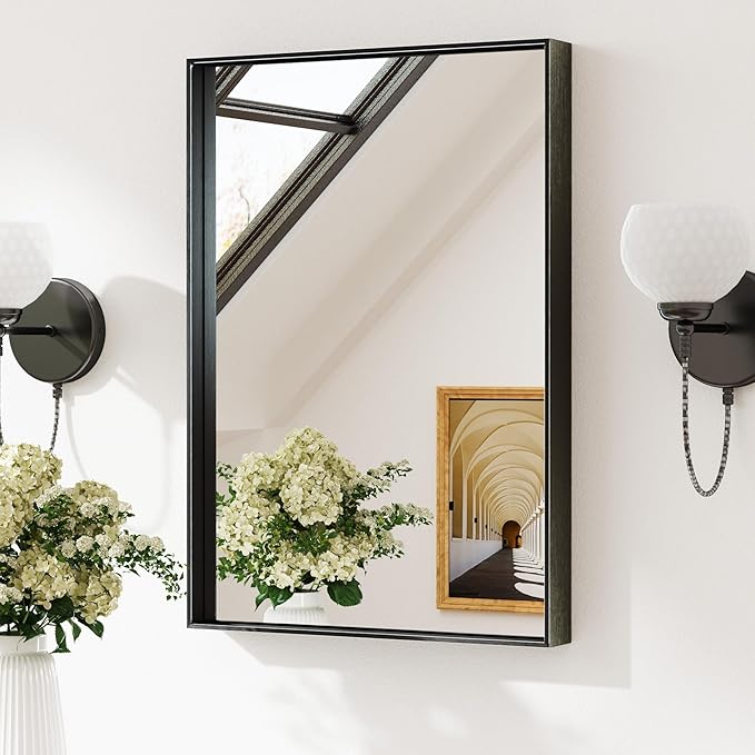 Keonjinn Black Bathroom Mirror for Over Sink 16 x 24 Inch Small Rectangle Vanity Mirror Metal Framed Mirror Brushed Black Wall Mount Modern Farmhouse Bathroom Mirror(Horizontal/Vertical)