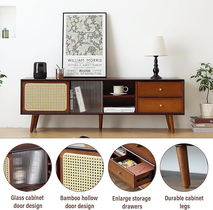 Tiita Rattan TV Stand for 55 65 Inch TV, Bamboo TV Cabinet with 2 Drawers, Boho Entertainment Center with Adjustable Shelf, Mid Century Modern Media Console for Bedroom, Living Room, Walnut