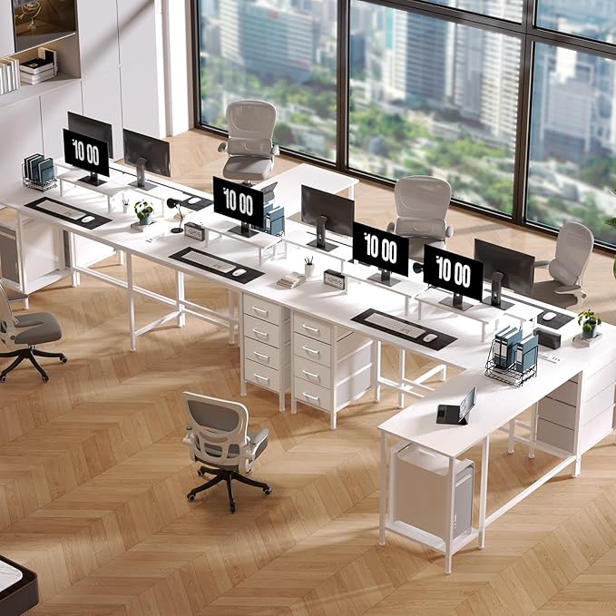 66" L Shaped Computer Desk, 94.4'' Home Office Desk with Power Outlets, 4 Adjustable Storage Drawers & 2 Monitor Stands, Large Two Person Gaming Table for Writing Study, White
