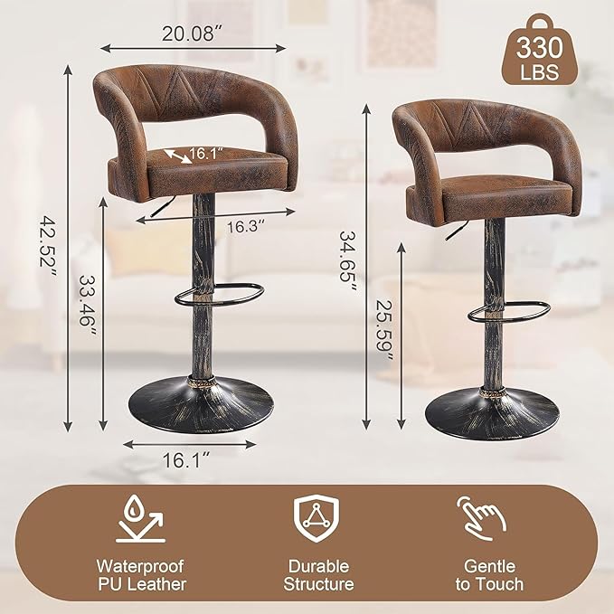 VECELO Bar Stools Set of 2 Adjustable Swivel Modern Pu Leather Barstools, Counter Bar Stools with Back and Arms, for Kitchen, Bar (Dark Brown)
