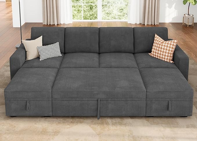 HONBAY Modular Sectional Sleeper Sofa Bed, Corduroy Pull Out Couch with Storage Ottoman, U Shaped Sectional Couches for Living Room, Dark Grey