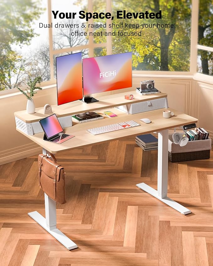 48x24 Inch Standing Desk with Double Drawers, C-Clamp Mount Compatible, Electric Adjustable Height Computer Stand Up Desks, Home Office Sit Stand Table with 3 Preset Heights & 2 Hooks, Natural
