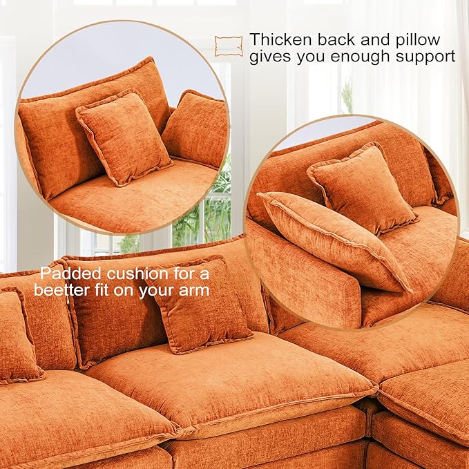Furniliving 112‘’ L-Shaped Sofa, Luxury Chenille Modular Sectional Couches with Ottoman, Upholstered Deep Seat Sleeper Sofa with Memory Foam and Waist Pillows, Orange
