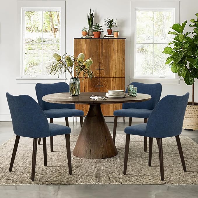 COLAMY Upholstered Dining Chairs Set of 6, Modern PU Leather Dining Room Kitchen Side Chair with Padded Seat and Wood Legs Restaurant/Cafe, Blue