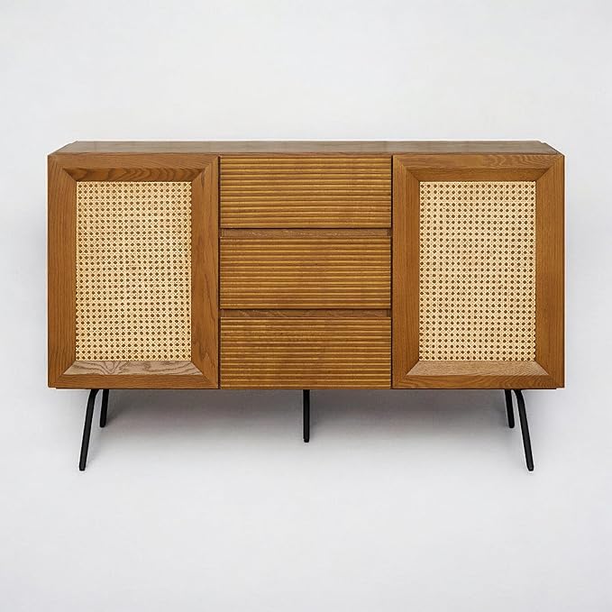 NTC MOSSIC Sideboard with 2 Doors and 3 Drawers, Buffet Cabinet with Natural Rattan and Metal Legs, Modern Storage Cabinet for Living Room, and Hallway, Effortless Assembly - Rustic Oak