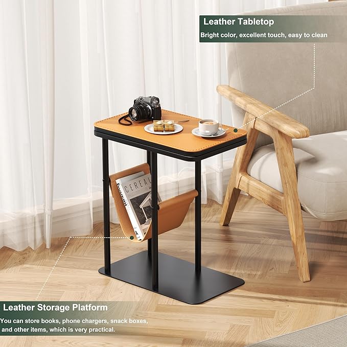 C Table End Table, Metal Base C Shaped Side Table, Double Tabletop Laptop Stand TV Table for Sofa and Bed, Couch Tables That Slide Under, Coffee Table for Bedroom Living Room Small Spaces (Walnut-1)