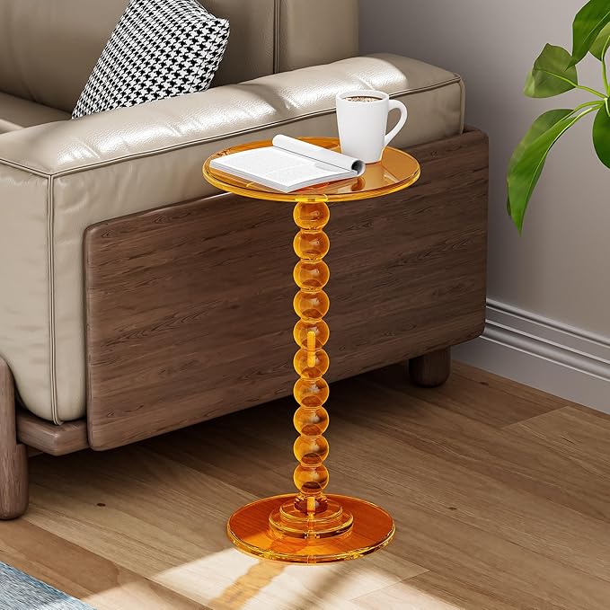 Acrylic Side Table, End Table Round Top with Solid Post for Living Room, Bedroom, Balcony, Easy Assembly (Clear) (Pedestal, Orange)