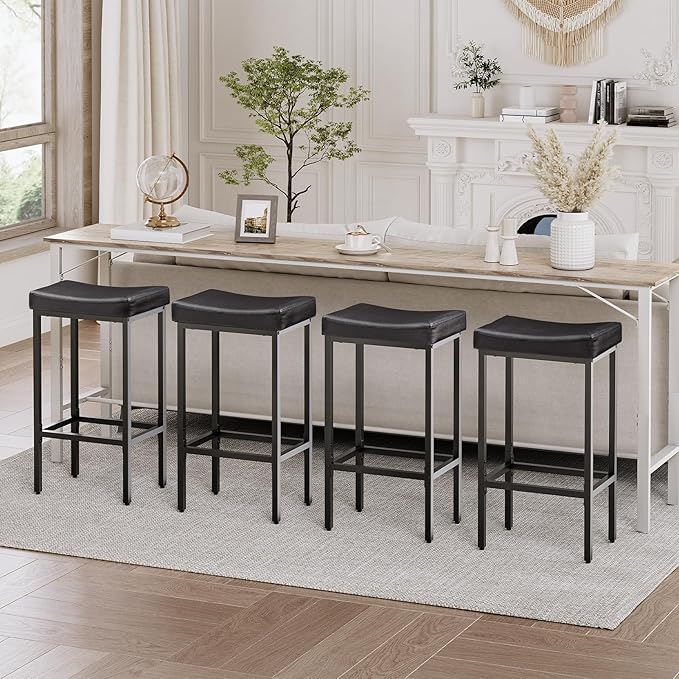 HOOBRO Bar Stools,Set of 4 Bar Chairs, Counter Height Stools, Saddle Barstools, Set of 4 Kitchen Stools, 24.8 Inches Barstools, 2.4" Thick Upholstery, for Kitchen, Dining Room, Black BB10BYP401