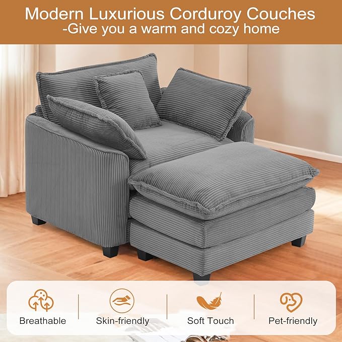 Furniliving Oversized Accent Chair with Ottoman, Luxury Corduroy Single Sofa, Upholstered Deep Seat Chaise Lounge with Pillows for Living Room, Bedroom, Apartment, Grey