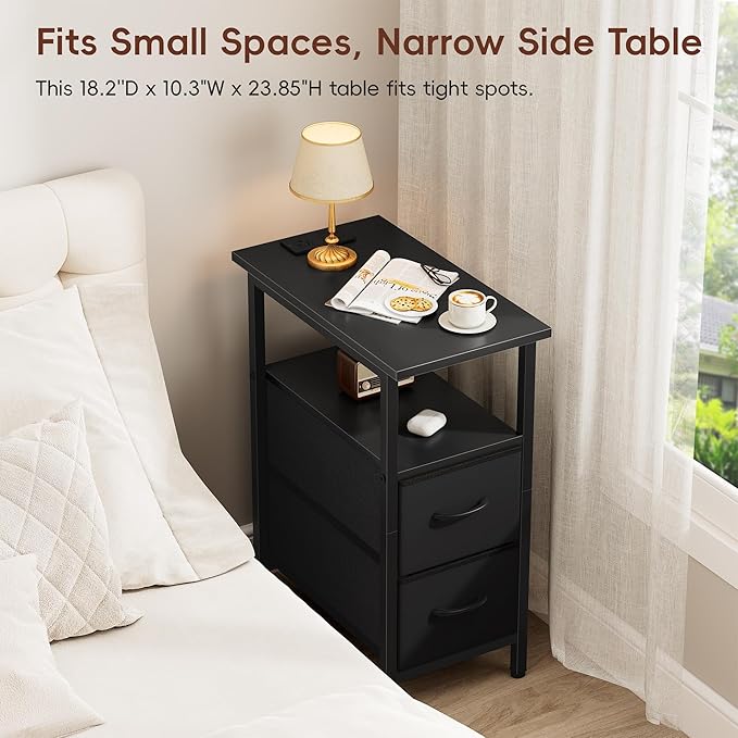Vagusicc End Table with Charging Station Set of 2, Narrow Side Table, 23.8'' Tall Nightstand with 2 Drawers, Small Sofa Side Table Narrow Nightstand for Small Spaces, Living Room, Bedroom, Black