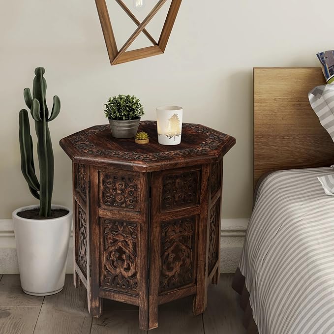 The Wooden Town End Tables for Living Room– Hand Carved Vintage Boho Folding Side Tables for Small Spaces, Entryway, Living Room, Bedroom – No Tools Assembly, 18"x18" Octagon, Scorch Burnt Finish