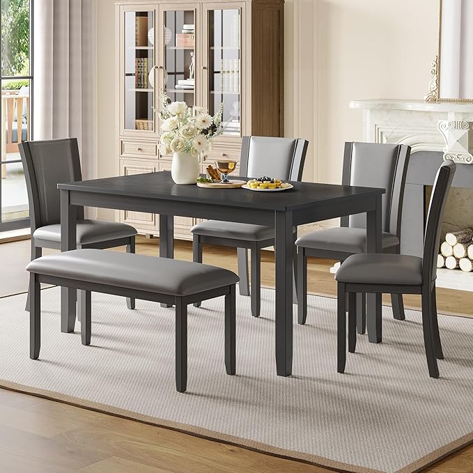 KEIKI 6-Piece Standard Height Dining Table Set with Rectangular Table, 4 Upholstered Chair, Bench, for 6 Person, Farmhouse Rustic Style Table Set, Easy Assembly, for Kitchen, Dining Room, Gray