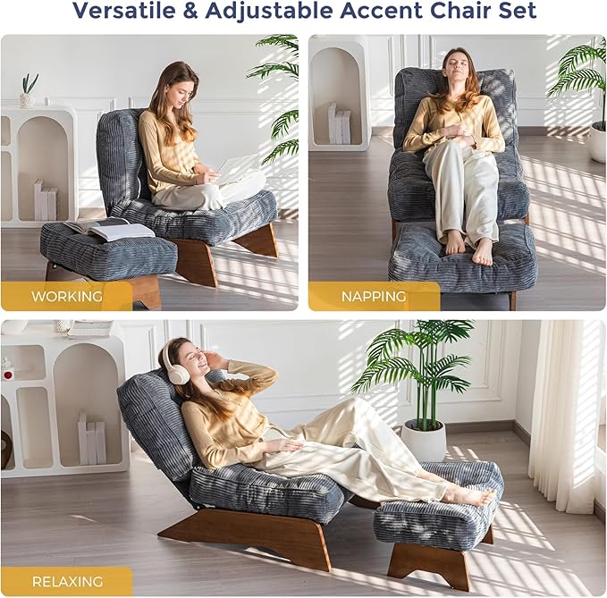 MAXYOYO Accent Chair with Ottoman Adjustable Backrest, Tufted Living Room Chair Upholstered Lounge Chair with Footrest Set, Modern Chair Cozy Reclining Chair for Reading Room, Dark Grey