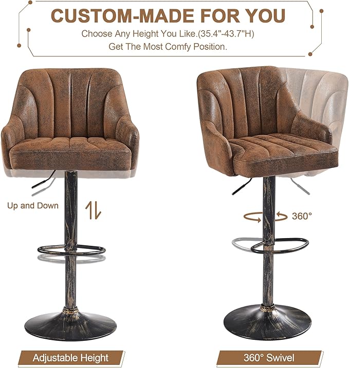 VECELO Bar Stools Set of 2, Adjustable Bar Stools Counter Height Barstools with Back and Arm, Swivel Bar Chair Stools for Kitchen Counter Island Cafe Dining Room, Industrial Style, Dark Brown