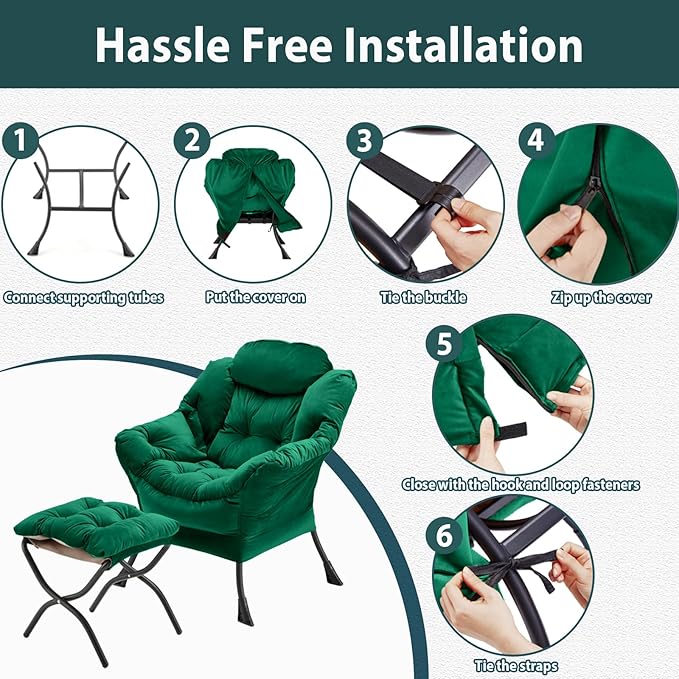 Lazy Chair with Folding Ottoman, Accent Chair Velvet Upholstered with Metal Structure and Non-Slip Pads, Sofa Armchair with Footrest and Side Storage Bag for Dorm, Room, Office, Green