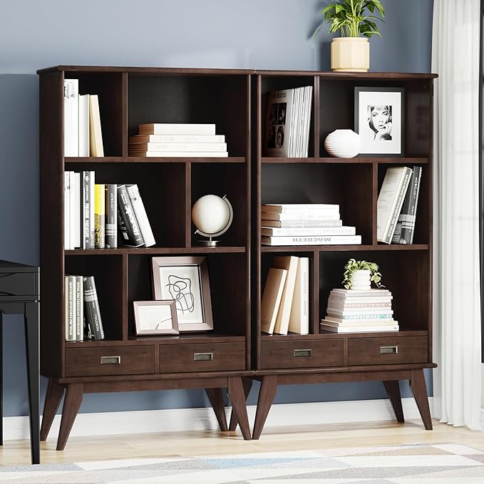 SIMPLIHOME Draper 35 inch Mid-Century Modern Bookcase and Storage Unit (Set of 2) in Medium Auburn Brown for The Living Room, Study Room and Office