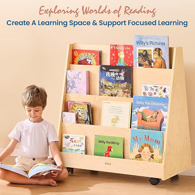 Kids Bookshelf for Toddlers and Babies, Double-Sided Wooden Montessori Bookshelf for Kids Room, Baby Book Shelf with Storage for Nursery, Classroom, Playroom