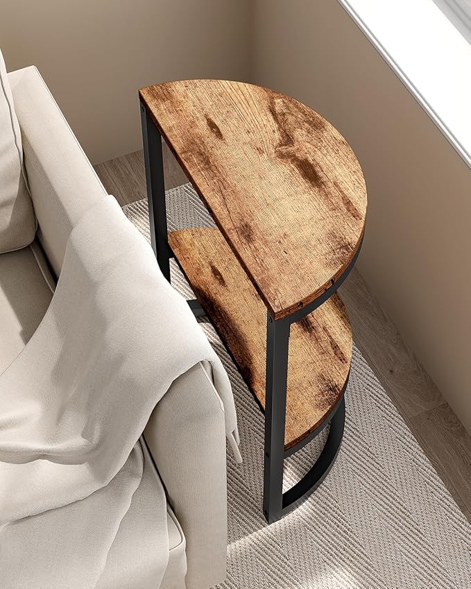 LITTLE TREE 2-Tier End Table Half Round with Storage Shelf, Small Side Table Space Saving Narrow Accent Table for Living Room Sofa Couch, Bedroom, Rustic Brown