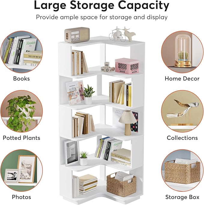 LITTLE TREE Corner Bookshelf, 64.9 Inch Tall Bookcase with Anti-Drop Panel, Modern Freestanding Corner Shelf Display Rack Storage Organizer for Home Office, Living Room, White