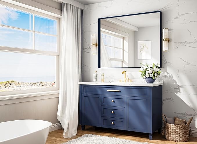 Keonjinn 42 x 36 Inch Blue Framed Mirror Bathroom Vanity Mirror for Wall Metal Frame Rectangle Navy Blue Bathroom Mirror Large Square Corner Modern Farmhouse Mirror for Over Sink(Horizontal/Vertical)