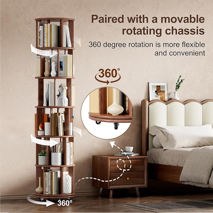 KEIKI 360° Spinning Revolving Bookcase, Solid Wood 6 Tier Rotating Bookshelf with Storage, Narrow Tall Book Rack & Art Deco Bookshelf Organizer, Walnut