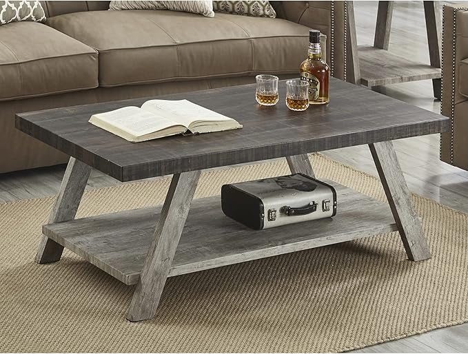 Roundhill Furniture Athens Contemporary Wood Shelf Coffee Table, Weathered Walnut and Gray