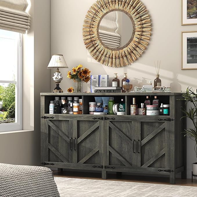 Buffet Sideboard with Storage Farmhouse with 4 Doors, 55'' Large Kitchen Storage Cabinet Wood Coffee Bar Cabinet Buffet Table with Shelves for Kitchen, Dining Room, Entryway (Gray, 55in)