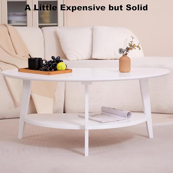 Mid-Century Modern Coffee Table for Living Room, 100% Solid Wood Oval Coffee Table, 2 Tier Wooden Coffee Tables for Home Office Livingroom, 40.2 x 22 Inches Easy Assemble (White)