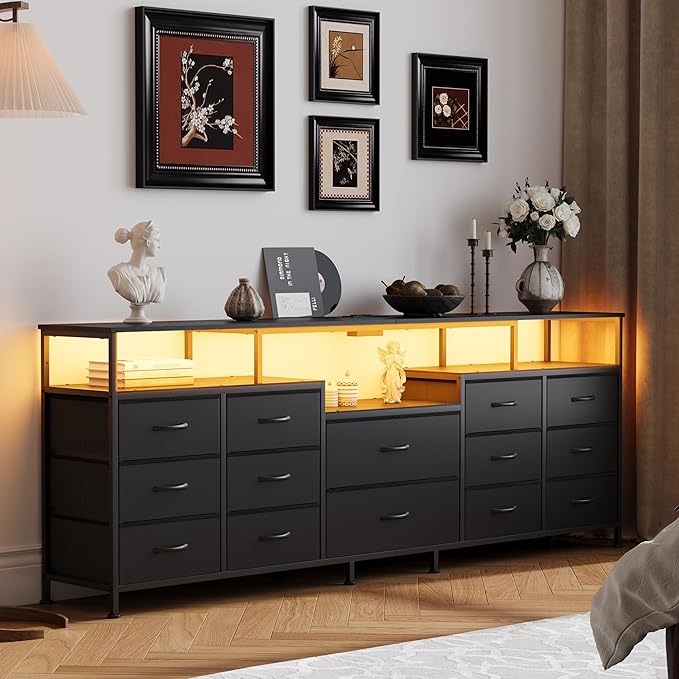 70.9" W Large TV Stand for 65/75/80 inchs TVs,14 Drawer Long Dresser with Charging Station and LED Lights,Entertainment Center with Storage for Living Room (Black, 70.9" W)