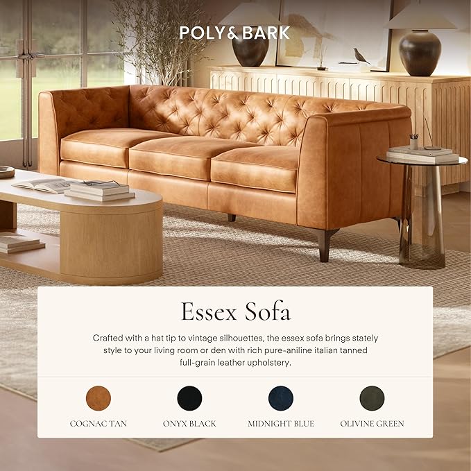 Poly & Bark Essex Leather Couch - 89-Inch Sofa with Tufted Back - Full-Grain Leather Sofa for Living Room with Feather-Down Topper - Living Room Couch - Vintage Italian Leather in Cognac Tan