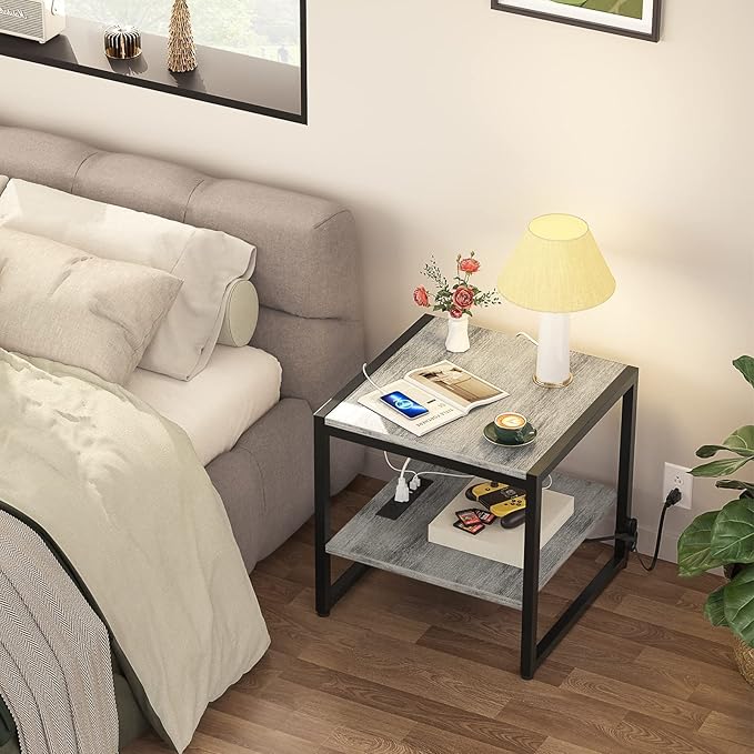 Homieasy End Table with Charging Station, 20 Inch Square Side Table with USB Ports & Power Outlets, Grey Nightstand with 2-Tier Storage Shelf, Mini Fridge Stand for Small Spaces, Light Oak