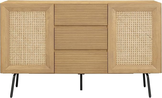 NTC MOSSIC Sideboard with 2 Doors and 3 Drawers, Buffet Cabinet with Natural Rattan and Metal Legs, Modern Storage Cabinet for Living Room, and Hallway, Effortless Assembly, Sand