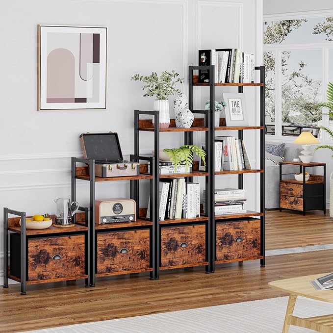 Furologee 4 Tier Bookshelf with Drawer, Tall Bookcase with Shelves, Narrow Bookshelves Storage Organizer, Wood and Metal Display Standing Shelf Unit for Bedroom, Living Room, Rustic Brown