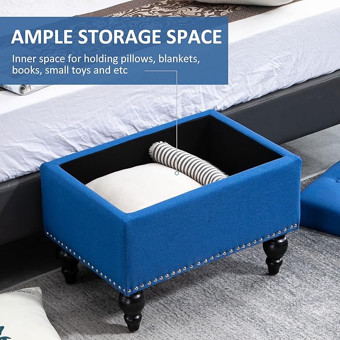 HOMCOM Ottoman with Storage for Living Room, 25" Storage Ottoman with Removable Lid, Button-Tufted Fabric Bench for Footrest and Seat with Wood Legs, Blue
