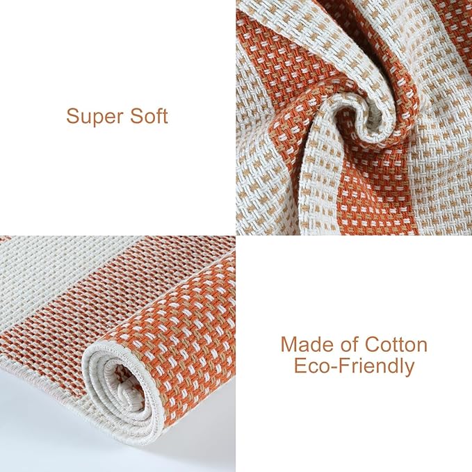 OJIA Outdoor Patio Rug 5'x7', Striped Outdoor Rugs Washable Checkered Area Rugs Cotton Woven Indoor Accent Rugs for Bedroom/Living Room/Front Porch/Deck/Backyard/Camping (Orange/White/Tan)