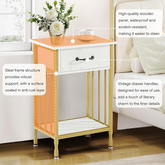 VECELO Nightstands, Industrial Side Table/End Tables with Drawer and Storage Shelf, Night Stands for Bedroom, Living Room, Wood Metal Furniture, Easy Assembly